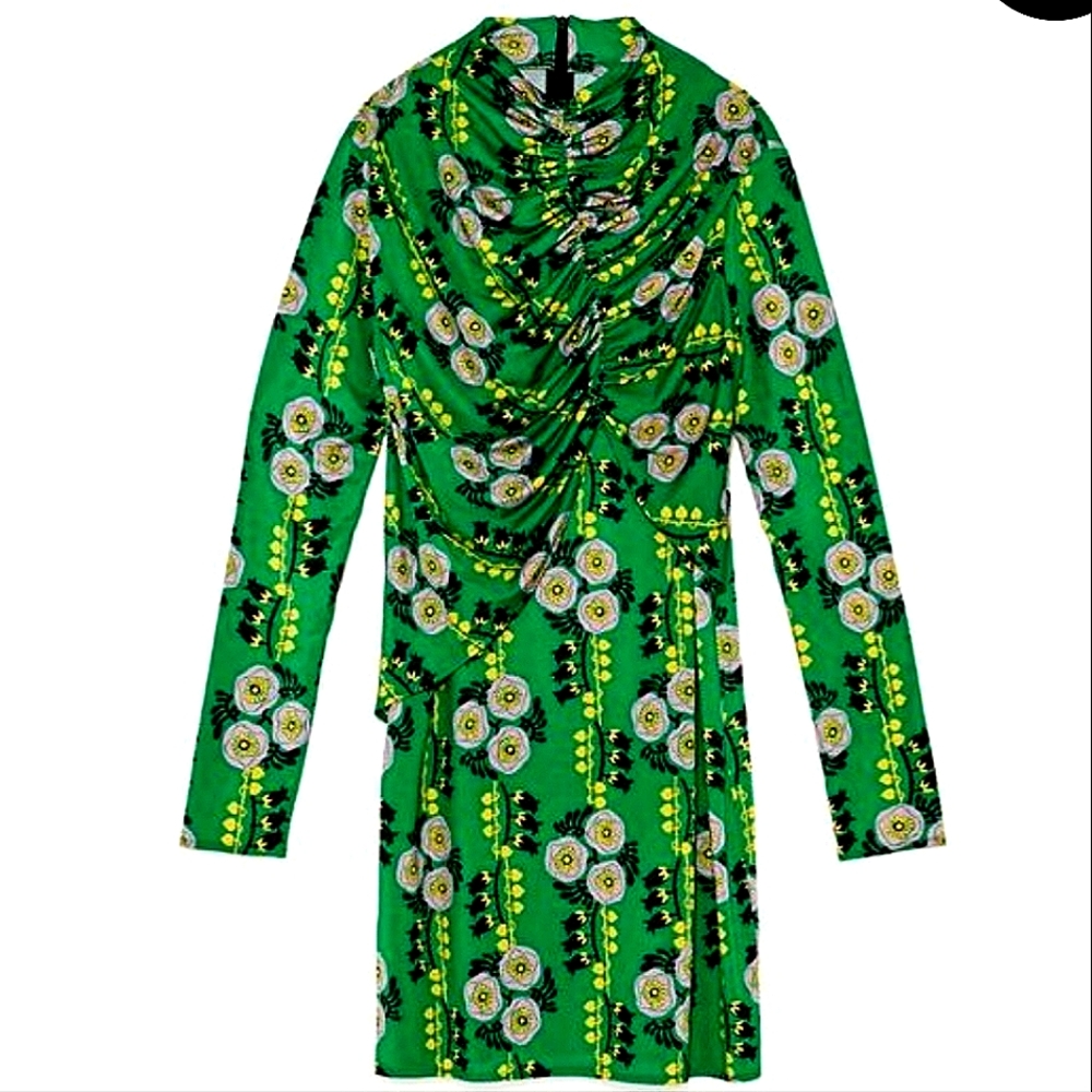 ZARA Mini Dress Womens Size M Green Floral Retro Long Sleeve Silky Ruched